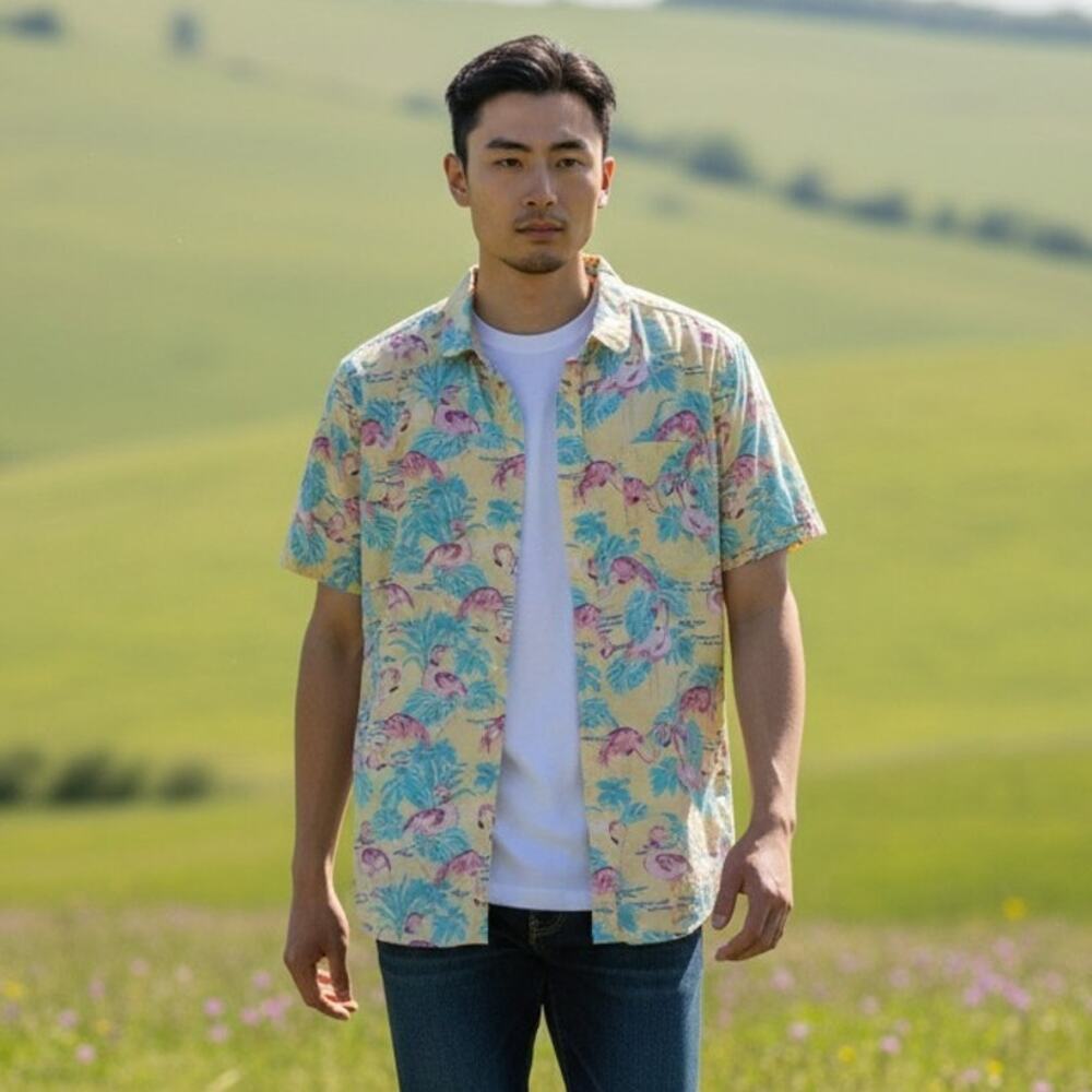 Rip Curl Shirt Mens Medium Yellow Flamingo Tropical Print Button Front Casual